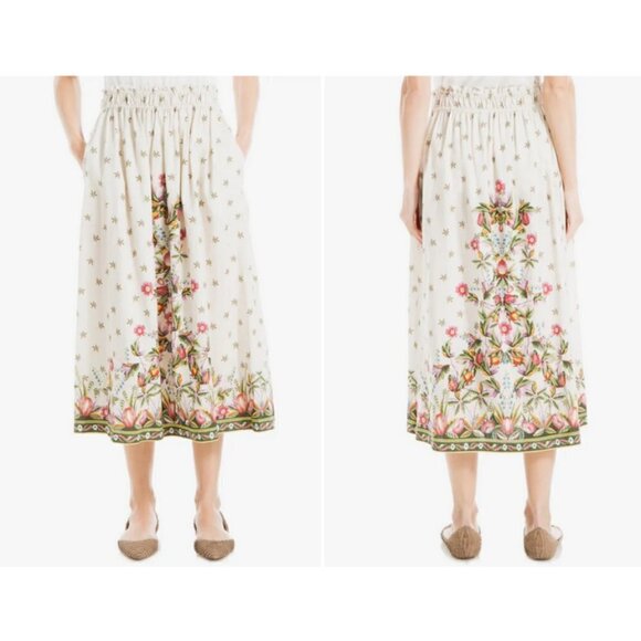 💕MAX STUDIO💕 Print Linen Blend Midi Skirt ~ Ecru/ Rd Vntg T Towel Large L NWT